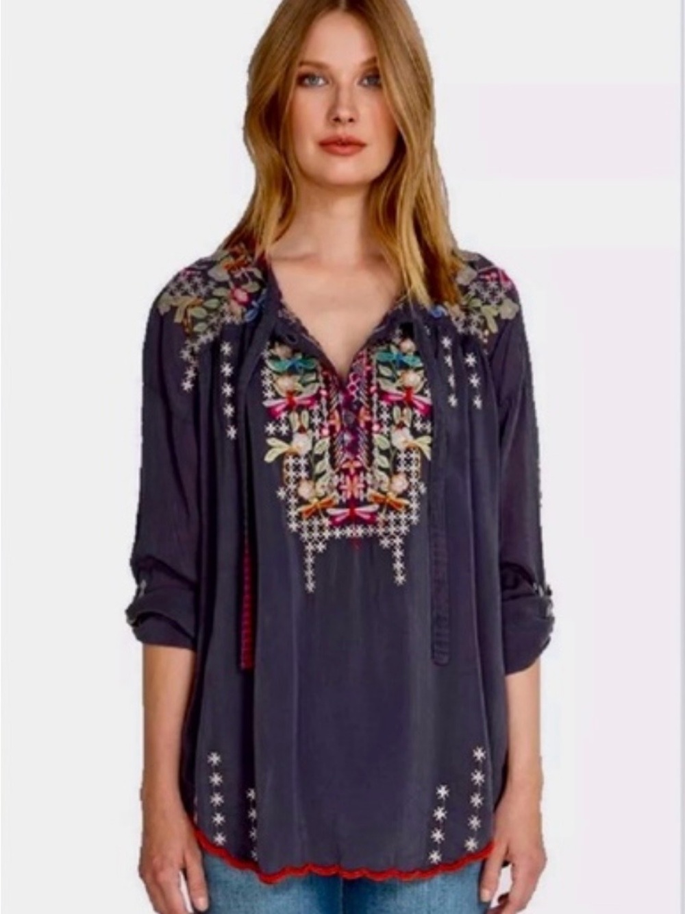 Johnny Was Embroidered Tunic Blouse Large Washed Black Floral Boho